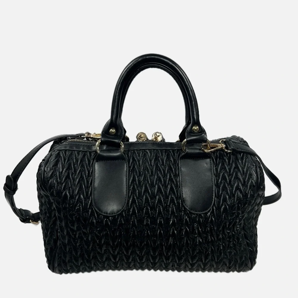Black Gathered Vegan Leather Large Handbag with Tassels Gold Harware